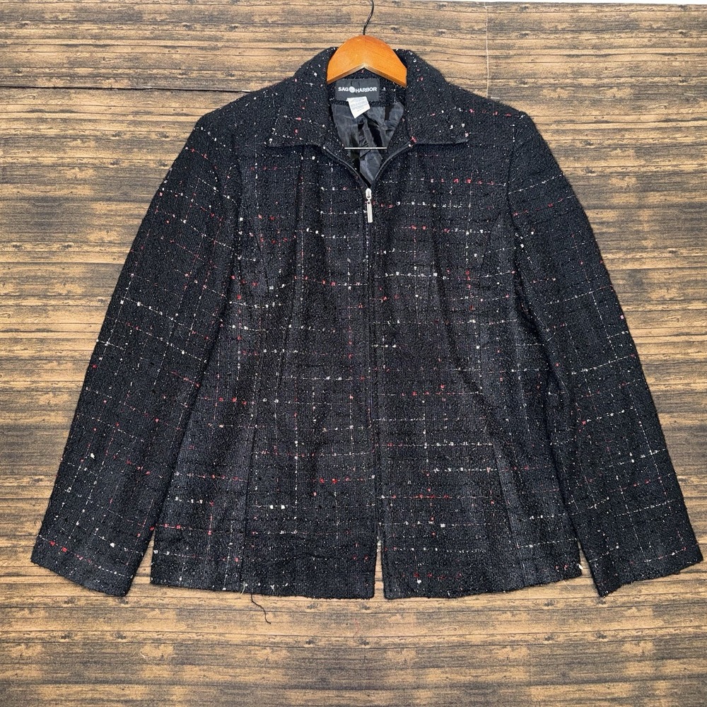 Sag Harbor Petite Black Tweed Full Zip Blazer Size 14 Office Wear Jacket